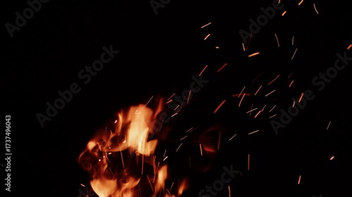 Bright flames rise and shimmer in the darkness, sending sparks into the air. The warmth and light create a comfortable atmosphere, inviting everyone to gather around.