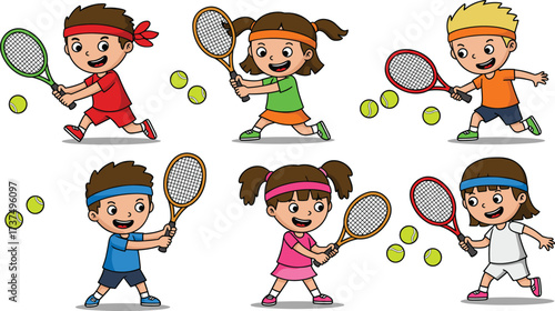 Art & IllustrationCute cartoon kids playing tennis, children sports activity, outdoor game, fun exercise, happy boys and girls holding tennis rackets