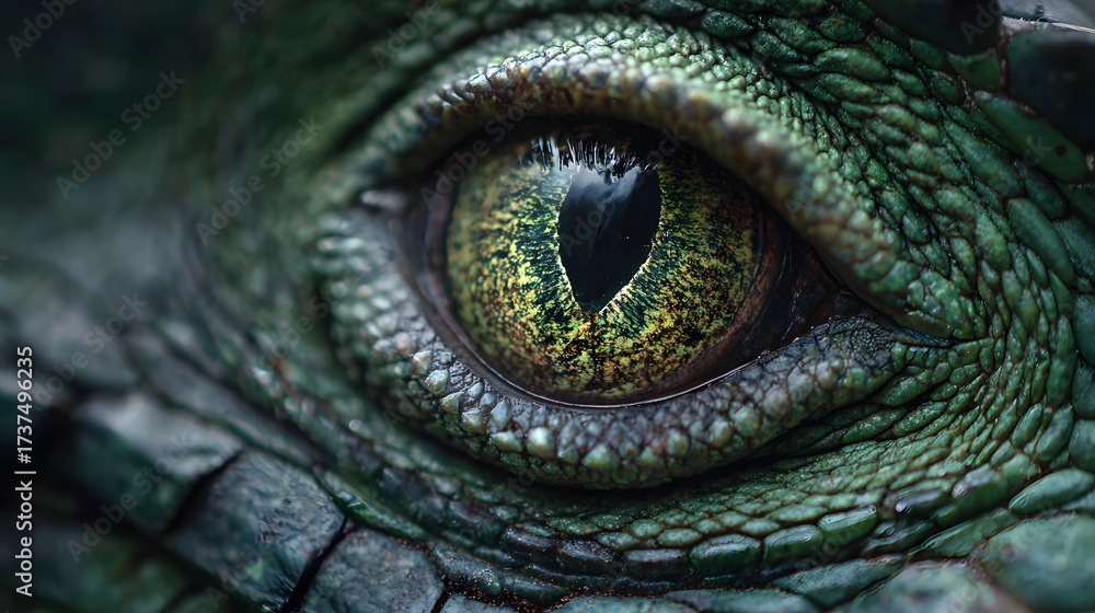 Fototapeta premium Detailed captures a reptilian eye with textured scales, showcasing vibrant green and yellow hues within the iris, reflecting a mysterious, enigmatic ambiance.