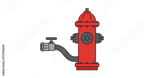 Cartoon Red Fire Hydrant with Gray Valve and Hose.