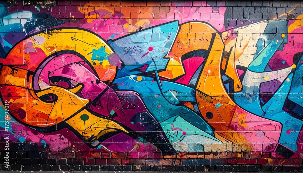 Fototapeta premium Vibrant colorful urban graffiti mural decorates city wall with dynamic abstract shapes, bold brushstrokes, and splattered paint in vivid hues.