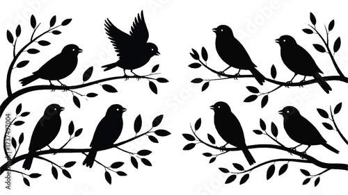 A black and white silhouette illustration of six birds perched on tree branches. T (4)_traced