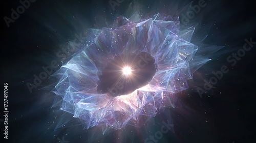 A radiant core emits light through a layered, crystalline structure against a dark, starry expanse