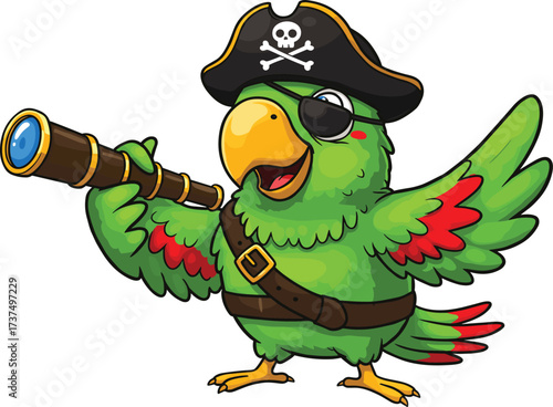 Art & IllustrationCute pirate parrot cartoon, green bird with telescope, pirate hat, eyepatch, funny animal character, kids illustration, adventure theme