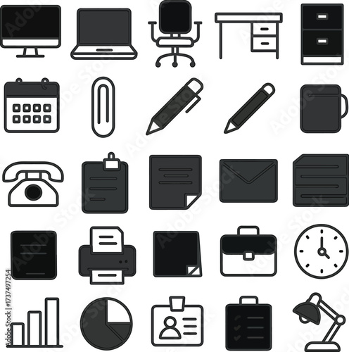 Office Supplies and Equipment Icons for Business and Productivity