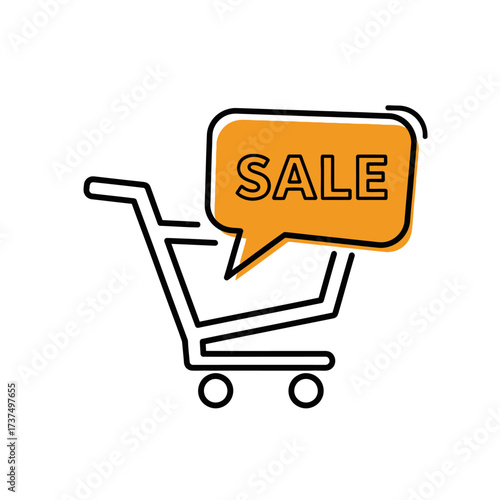 Exciting sale announcement with shopping cart icon and bright orange speech bubble for retail promotions and marketing campaigns