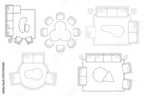 Wallpaper Mural 5 Collections of Modern Interior Seating Layouts and Furniture Arrangements - Top View Floor Plan. Set 17 Torontodigital.ca