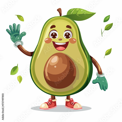 A charming collection of whimsical anthropomorphic avocado characters, vibrantly green with playful, happy expressions, ideal for healthy food and fun design projects