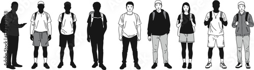 Art & IllustrationDiverse group of students standing in line, backpacks on, casual outfits, modern youth fashion, university lifestyle, multicultural teens illustration