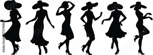 Elegant women silhouettes in stylish dresses and hats, fashion model poses, feminine beauty, glamour concept, isolated on white background
