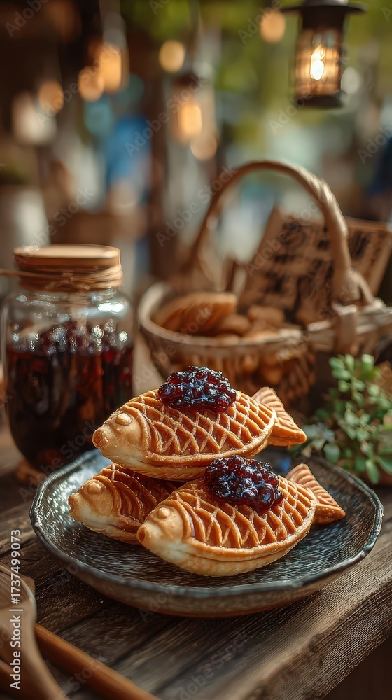 Fototapeta premium Taiyaki fish pastries topping with fruit jam