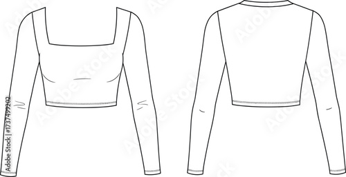 Flat fashion sketch of women's long sleeve crop top with square neckline, technical drawing, front and back view, apparel design Art & Illustration