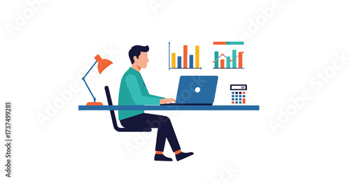 Business Data Analysis: Man Working on Laptop with Charts and Graphs on Screen. 