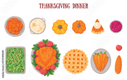 Thanksgiving day, family dinner. Hand drawn flat style. Thanksgiving food collection. Top view vector illustration. Festive dinner with turkey and potato, apple pie, vegetables, fruits. Autumn food