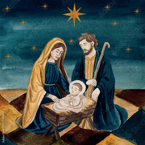Vector Freehand Christmas scene is an artistic watercolor depiction of the Nativity of Christ, including Mary, Joseph, baby Jesus. Hand drawn watercolour catholic card	
