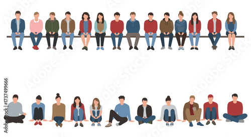 Art & IllustrationGroup of diverse people sitting on bench and floor, casual meeting, teamwork, discussion, students, community, social gathering, flat illustration.