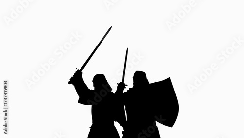 Dynamic silhouettes of warriors wielding swords and shield ready for battle with a heroic stance