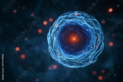 A cinematic microscopic view inside a living human cell reveals the nucleus at its center—a glowing orange-red sphere representing the control center of the cell and the storage site of DNA.