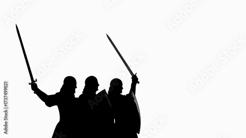 Silhouette of medieval warriors with swords raised, symbolizing courage, strength, and historical battles