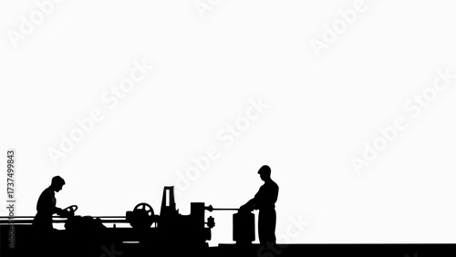 Striking silhouette of industrial glassblowing artisans crafting molten forms with vintage machinery artfully rendered