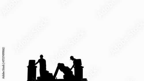 Construction workers silhouette assembling columns, showcasing teamwork, perfect for architecture and building concepts