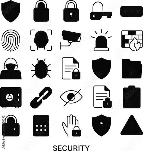 Security icons including shield lock camera and warning symbols