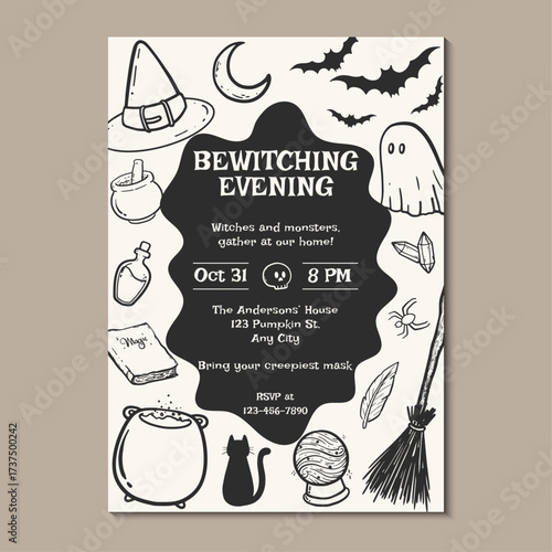Bewitching evening invitation with hand-drawn objects and black background. Vector illustration hand drawn halloween party invitation template.