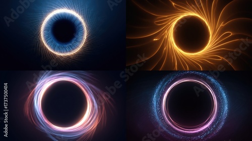 Four abstract swirling circles of light surround dark voids against a black background