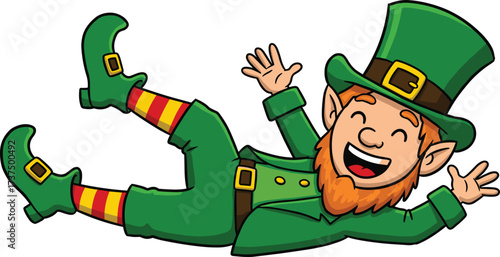 Happy cartoon leprechaun falling, Irish folklore character, St. Patrick’s Day mascot, green suit, rainbow socks, lucky charm, festive illustration