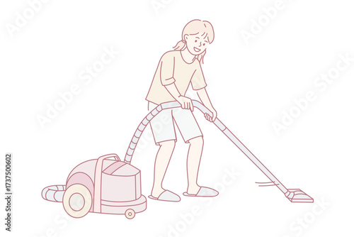 Vacuum cleaning and housework concept. Smiling girl cartoon character standing making vacuum cleaning at work vector illustration