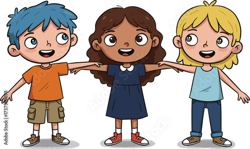 Art & IllustrationHappy diverse children holding hands, smiling, friendship, unity, teamwork, cartoon kids illustration, colorful, joyful, playful, educational concept