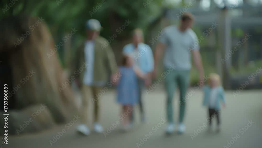 Obraz premium An out-of-focus image of a family strolling along a path in a park or zoo on a sunny day. The focus is on the feeling of togetherness and relaxation, ideal for creating a mood