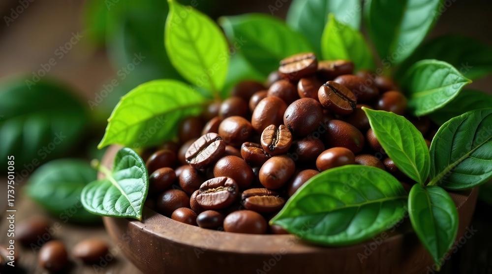 Obraz premium Aromatic Roasted Coffee Beans Nestled Amongst Lush Green Leaves in a Wooden Bowl