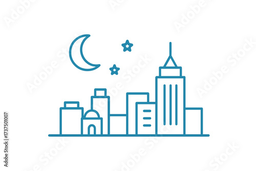 Modern urban city skyline at night with crescent moon and stars above tall buildings