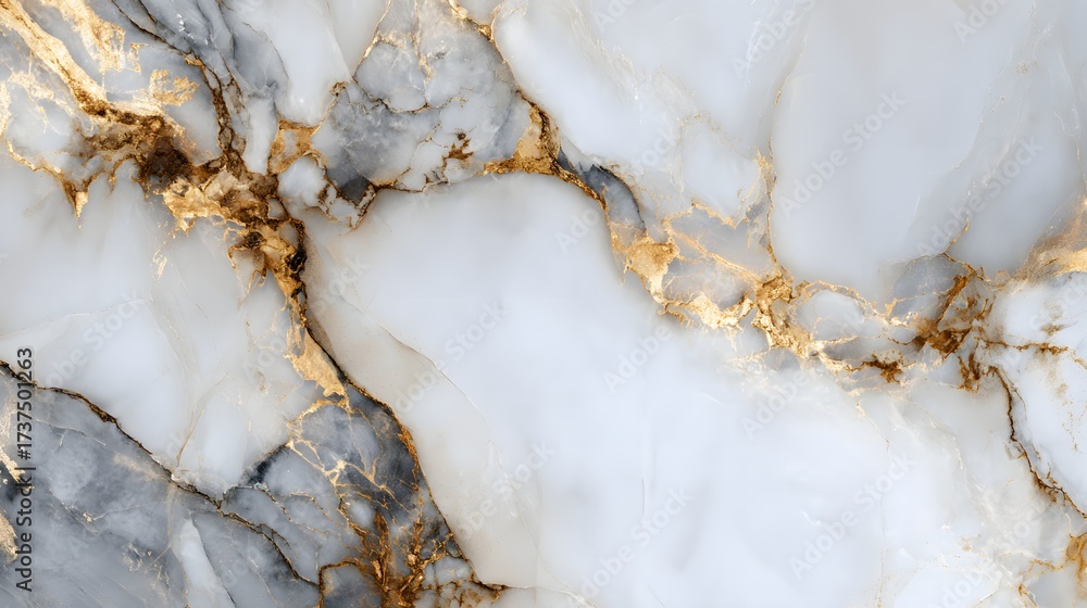 Obraz premium Elegant abstract texture showcases a pristine white backdrop interwoven with intricate, luxurious gold veins and subtle grey marbling, creating a captivating and sophisticated design.