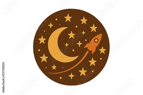 Rocket soaring through the stars with a crescent moon in the night sky