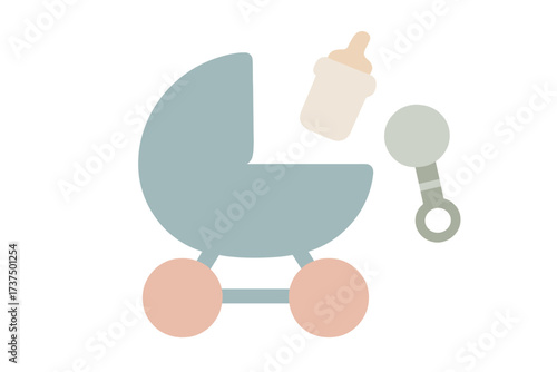 Colorful baby stroller with bottle and pacifier, suggesting a playful nursery theme for infants and toddlers