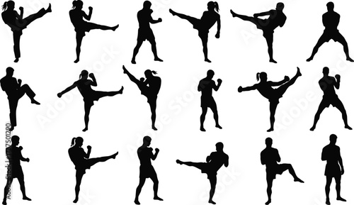 Martial arts silhouette collection, kickboxing poses, fighter training, combat sports action, karate kick, self-defense technique, mixed martial arts