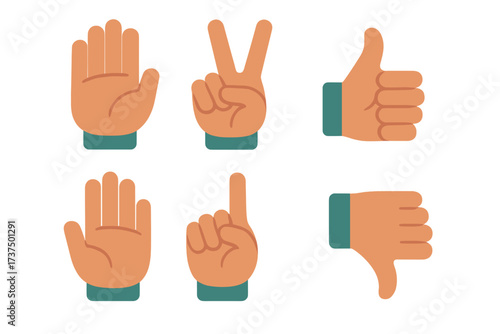 Hand gestures representing various actions and emotions in a colorful design on a white background