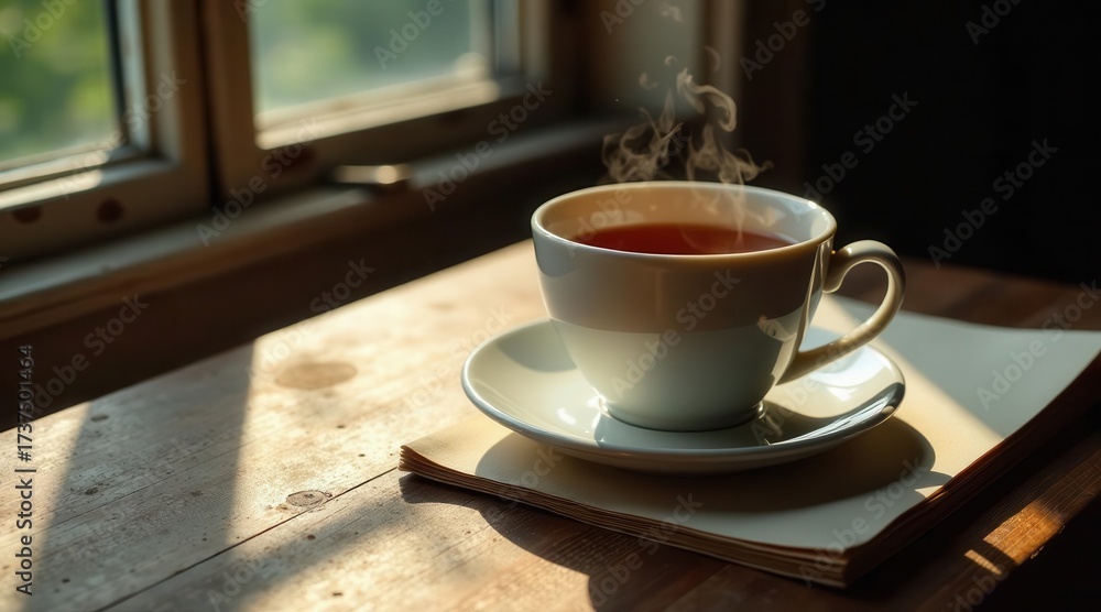 Fototapeta premium Aromatic Steam Rising From a Warm Cup of Tea on a Wooden Surface, Bathed in Sunlight Through a Window