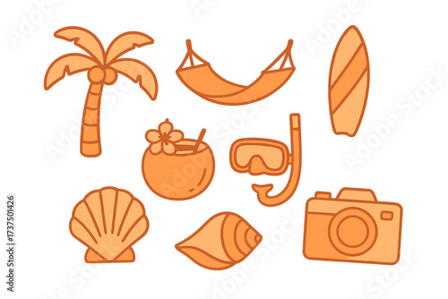 Summer beach vacation icons featuring palm trees, hammocks, surfboards, and snorkeling gear create a relaxing tropical vibe