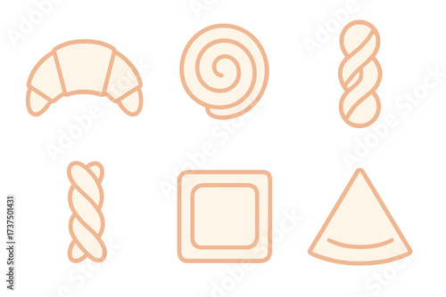Minimalist collection of various baked goods and sweet pastry icons for breakfast