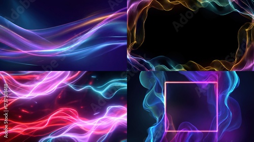 Four abstract compositions showcasing flowing, colorful, luminous wave-like forms against dark backgrounds
