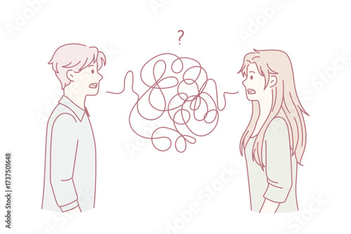 Problems in communication of couple concept. Frustrated young man and woman standing with thorn thread between them having troubles with understanding each other vector illustration
