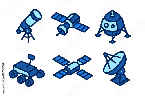 Various space exploration tools including telescope, satellite, lunar lander, rover, and communication dish