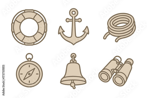 Collection of nautical themed icons including lifebuoy, anchor, rope, compass, bell, and binoculars