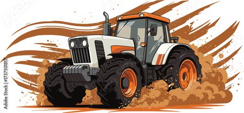 Powerful modern farm tractor kicking up dirt, high performance agriculture machine, heavy-duty farming vehicle, dynamic dust trail illustration design