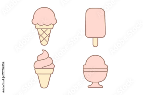 Dessert treats in pastel colors showing ice cream cones, popsicles, and sundaes for a summer celebration