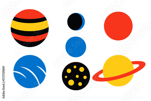 Collection of colorful stylized planets and celestial bodies in a minimalist graphic style