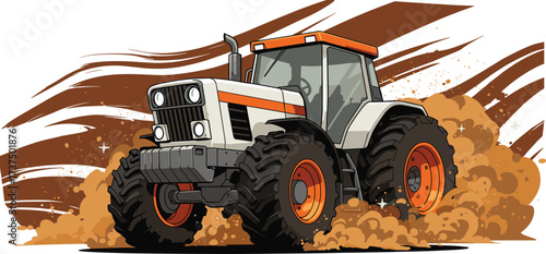 Powerful modern farm tractor kicking up dirt, high performance agriculture machine, heavy-duty farming vehicle, dynamic dust trail illustration design